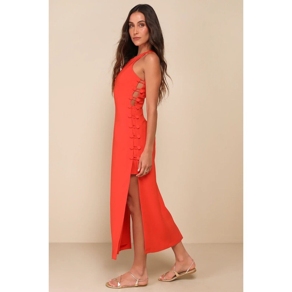 Lulus Midi Dress Womens Large Bright Orange Masterfully Mod Side Button Slit NWT